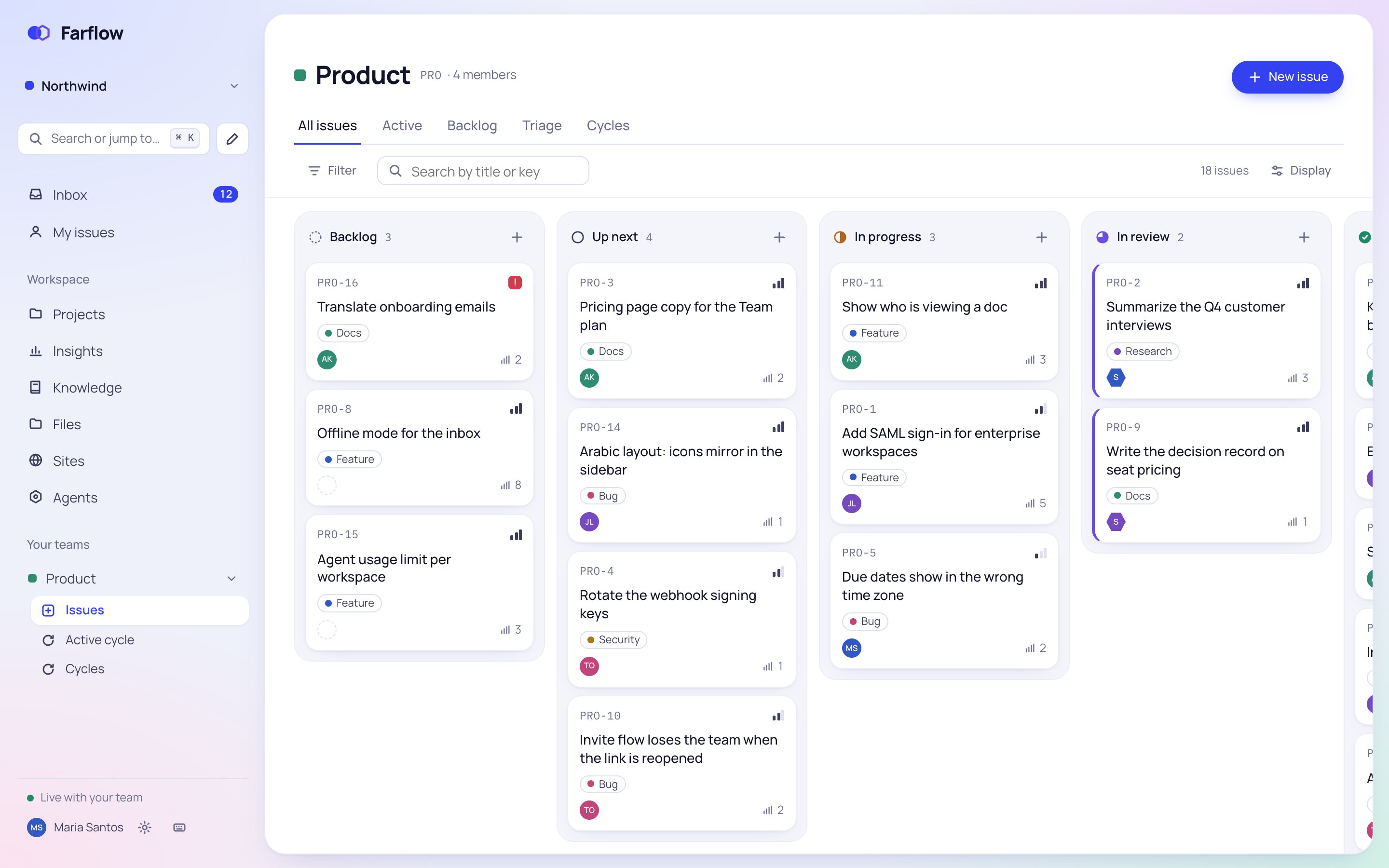Farflow's issue board for a team called Product: cards for each issue under Backlog, Up next, In progress and In review, two of them assigned to AI agents.